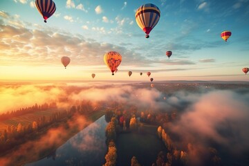 Obraz premium Colorful hot air balloons flying on sky, hot air balloons, Generative Ai illustration