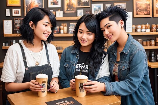 Young Blonde Woman In Conversation With Best Friend While Sipping Cup Of Capuccino. Three Beautiful Women Drinking Coffee And Talking. Girls In Coffee Shop. Friends Meeting For Coffee. Generative AI