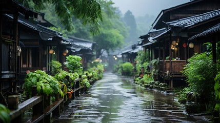 Obraz premium Misty and Rainy a Beautiful Stone Paved Path Leads to a Small Village the Path is Completely Soaked by Rain