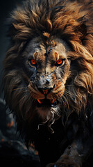 Naklejka premium A Big Fierce Male Lion Face Walking in Forest and Looking At Camera Selective Focus