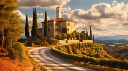 A Hill in Tuscany with a Villa on The Top and Road Lined with Cypresses Seen From a Distance at Sunset - obrazy, fototapety, plakaty