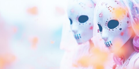 Fototapeta premium Happy halloween. Girl Adult teenagers in costumes and makeup holiday happy halloween