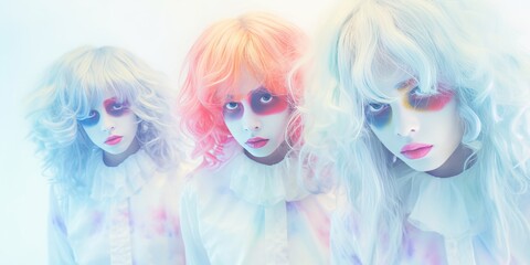 Naklejka premium Happy halloween. Girl Adult teenagers in costumes and makeup holiday happy halloween