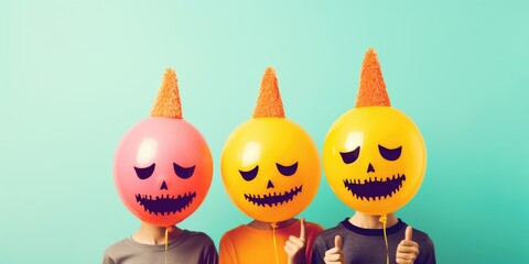 Obraz premium Happy halloween. Adult teenagers in costumes and makeup holiday happy halloween