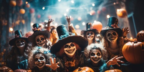 Happy halloween. Adult teenagers in costumes and makeup holiday happy halloween