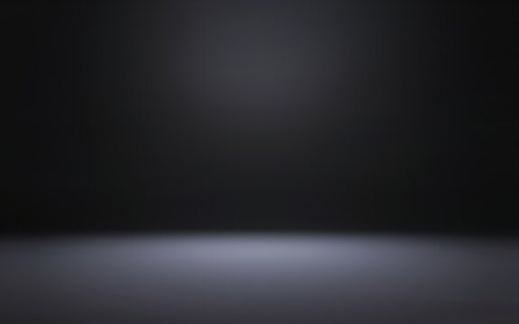 Black empty room 3d background. Low diffused spotlight on smooth floor.