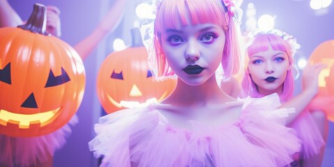 Naklejka premium Happy halloween. Girl Adult teenagers in costumes and makeup holiday happy halloween