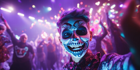 Happy halloween. Man Adult teenagers in costumes and makeup holiday happy halloween