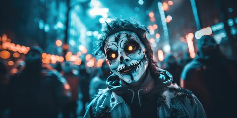 Happy halloween. Man Adult teenagers in costumes and makeup holiday happy halloween