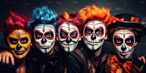 Happy halloween. Man Adult teenagers in costumes and makeup holiday happy halloween