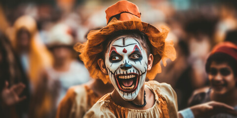 Happy halloween. Man Adult teenagers in costumes and makeup holiday happy halloween