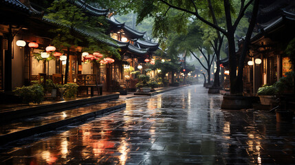Naklejka premium Traditional Chinese Shops and Soaked Path With Rain in Small Village