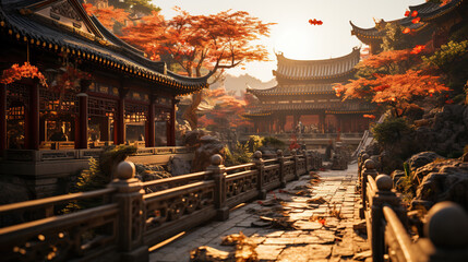 Ancient Chinese City of Zen Temples and Wooden Path Leads to Temple at Golden Hour
