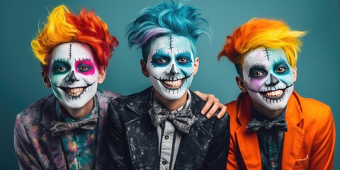 Fototapeta na wymiar Happy halloween. Man Adult teenagers in costumes and makeup holiday happy halloween
