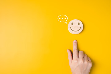 Hand with happy smile face emotion on background, Customer service evaluation, Positive thinking...