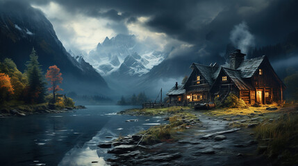 Fototapeta premium Small Cabin Under a Cloudy Sky in the Big Snow Mountains Spectacular Backdrops