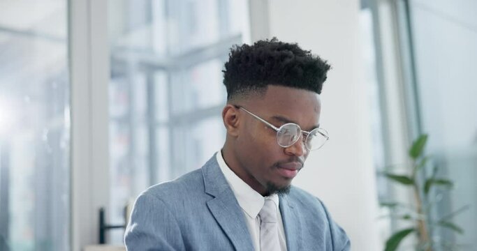 Stress, headache and a business black man at work on a laptop in his office for a project deadline. Anxiety, depression or burnout and a young employee in the workplace for support or empathy