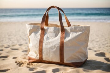 Bag canvas fabric with a view of the calm ocean. copy space