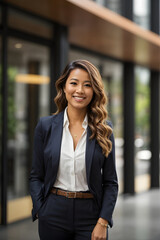 Fototapeta premium Young, confident corporate businesswoman stands smiling outside her office building. Image created using artificial intelligence.