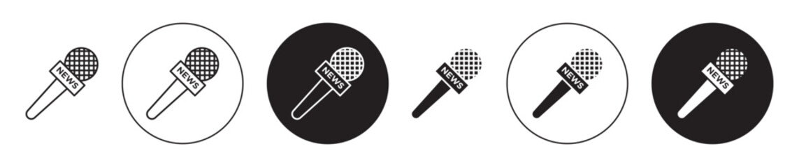 news microphone vector icon set. tv reporter interview mike symbol. journalist mic symbol in bkack color. - obrazy, fototapety, plakaty