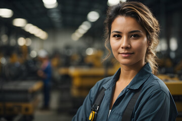Closeup of a confident engineer female factory worker with arms crossed. Image created using artificial intelligence.