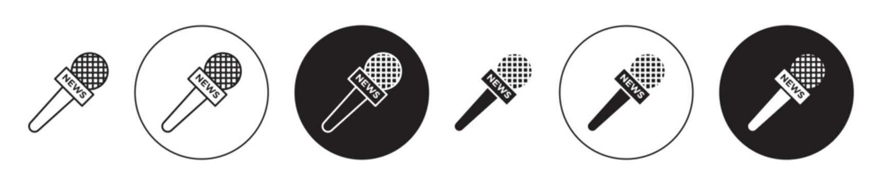 news microphone vector icon set. tv reporter interview mike symbol. journalist mic symbol in bkack color.