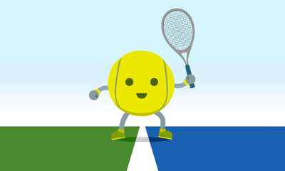 Great funny tennis ball character standing on the court with smile best for your digital graphic and print	
