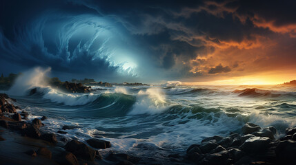 A Powerful Large Eave Breaking Storm on the Blue Ocean Cloudy Sky Background