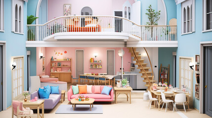 pastel dollhouse livingroom, light colors, generative ai