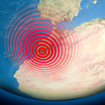 Earthquake map in Morocco, Atlas Mountains, shake, elements of this image are furnished by NASA. Land struck by a strong earthquake magnitude. 3d rendering