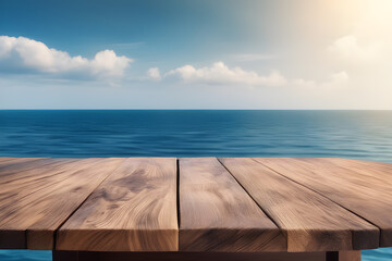 Fototapeta premium a Wooden table on the background of the sea, island and the blue sky
