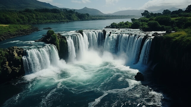 Top View of a Beautiful Waterfall and Natural River Floating Through Mountains