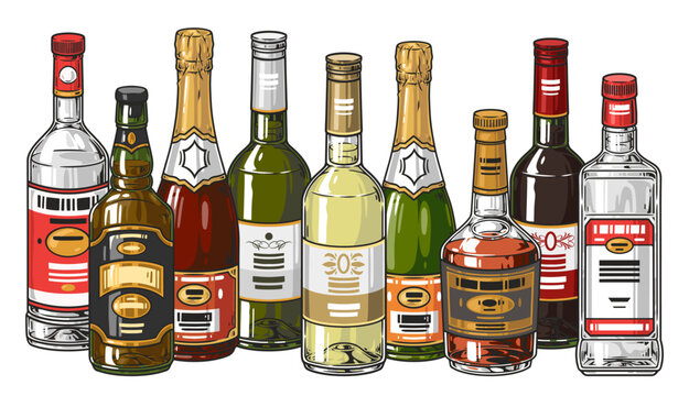 Assortment alcohol bottles colorful emblem