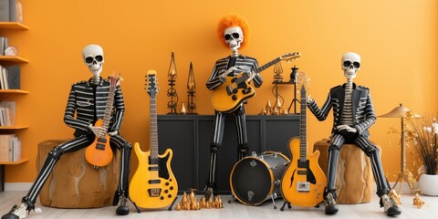 Skeletons play guitar and drums yellow background for Halloween. Skeleton music group