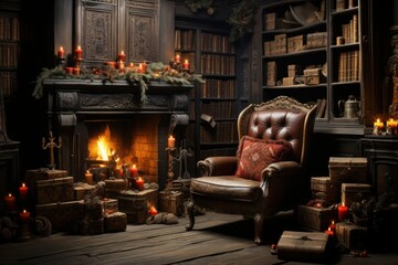 decorated christmas interior with fireplace