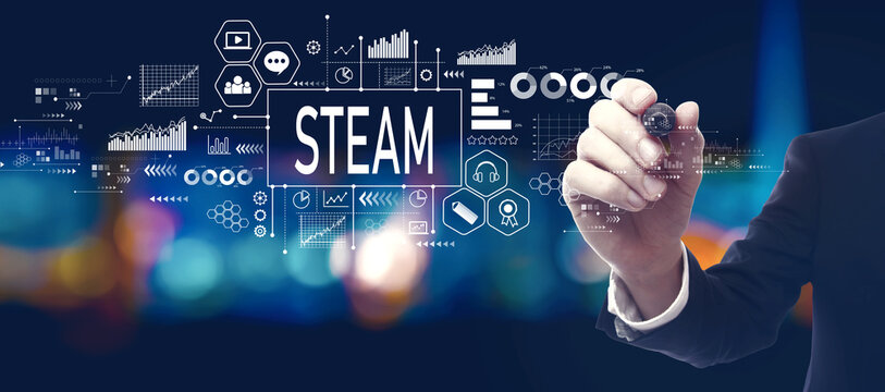 STEAM theme with businessman in a city at night