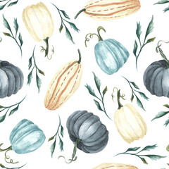 Watercolor pumpkins and leaves seamless pattern. Hand painted blue, green and orange gourds isolated on white background. Autumn harvest festival. Botanical illustration for design, print, background.