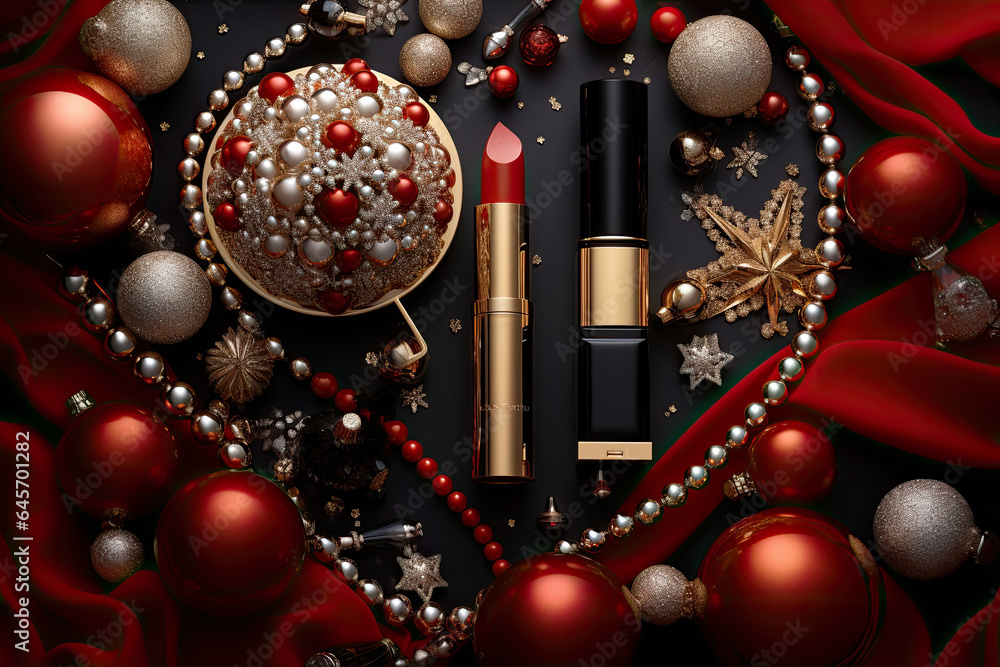 Canvas Prints christmas background with red lipstick and balls, top view