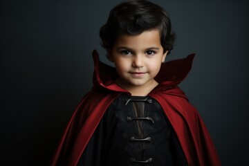 Boy wearing vampire costume on plain and dark background in halloween night. Generative AI