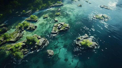 Aerial View of Beautiful Green and Dark Violet Lake Crystal Clear Water