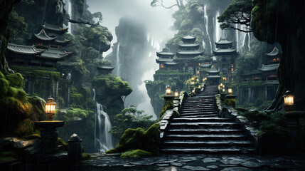 a Walkway is Leading to a Waterfall in The Rain in the Style of Japanese Theme
