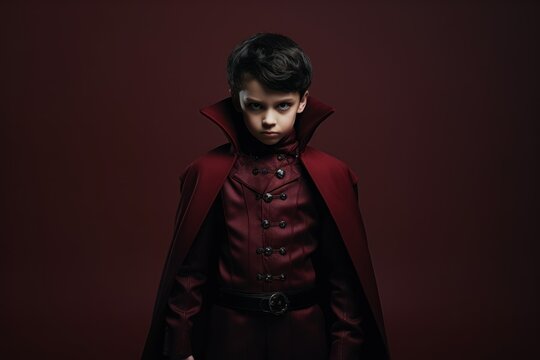 Boy wearing vampire costume on plain and dark background in halloween night. Generative AI