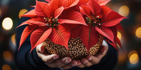 Red Holly flowers in gold vase in hands