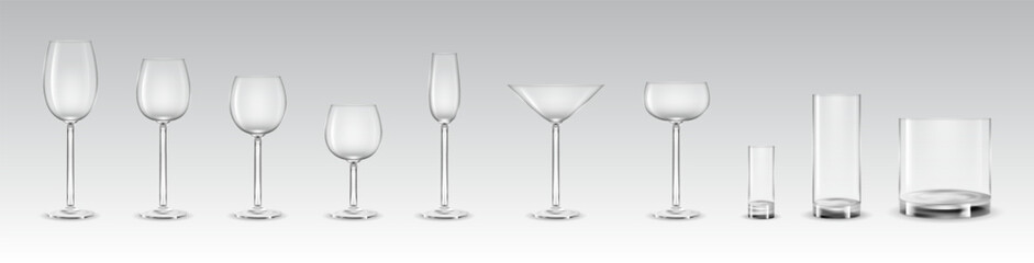 Wine glass. Alcohol beverage cup. Empty champagne or cocktail goblet. Transparent drink glassware. Crystal wineglass. Realistic martini or margarita mug. Bar stemware. Vector isolated set