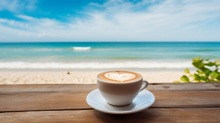 Cup of cappuccino coffee on table with tropical summer sea beach background, Seashore with beautiful view on ocean, AI Generated - obrazy, fototapety, plakaty