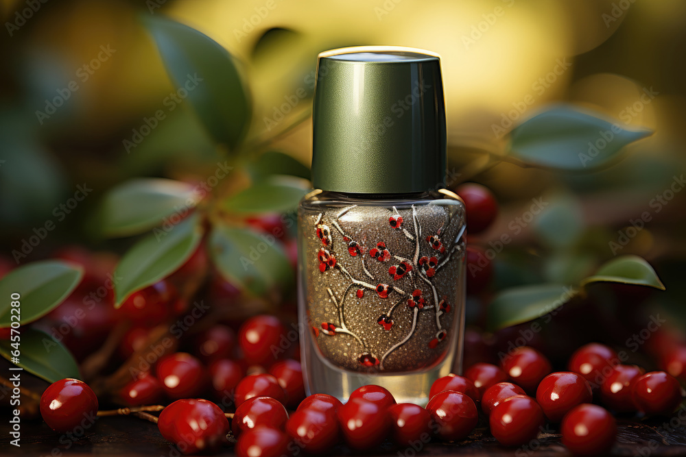 Canvas Prints  glitter nail polish bottle with red berries 