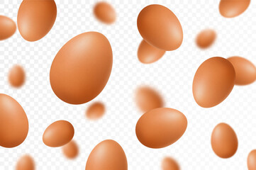 Flying chicken eggs, isolated on white background. Falling tasty eggs in the brown shell. Selective focus Can be used for advertising, packaging, banner, poster, print. Realistic 3d vector