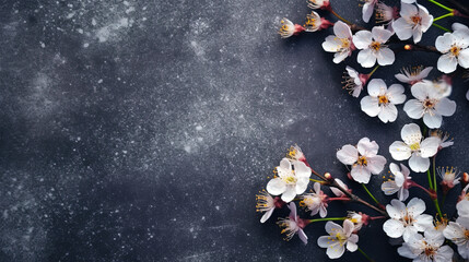 Obraz na płótnie Canvas Many Small Beautiful White Flower Blossoms on Black Pastel Background with Copy Space