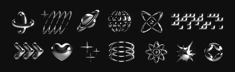 Y2k chrome elements. Retro liquid future shapes. Futuristic silver star for logo. Hologram graphic symbols. Geometric mercury figures. Glossy atom. Vector abstract style metal icons set