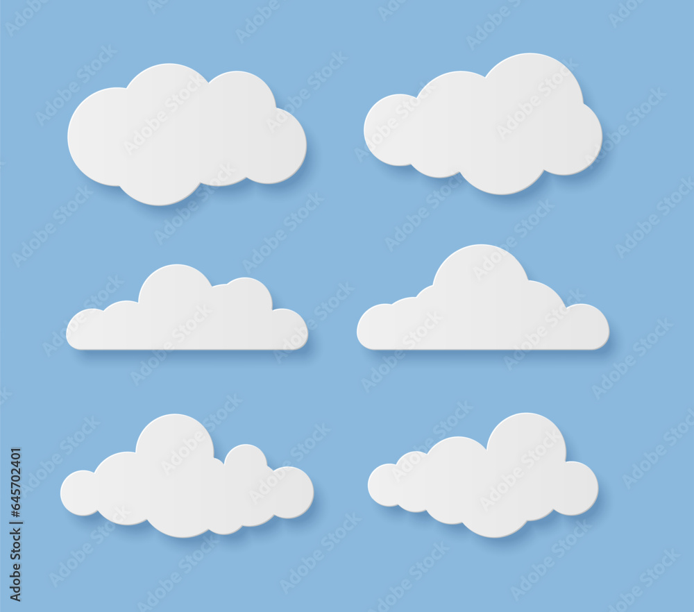 Poster clouds. cartoon rainy sky elements with shadows. white paper cut decorative cloudy forms. fluffy sha